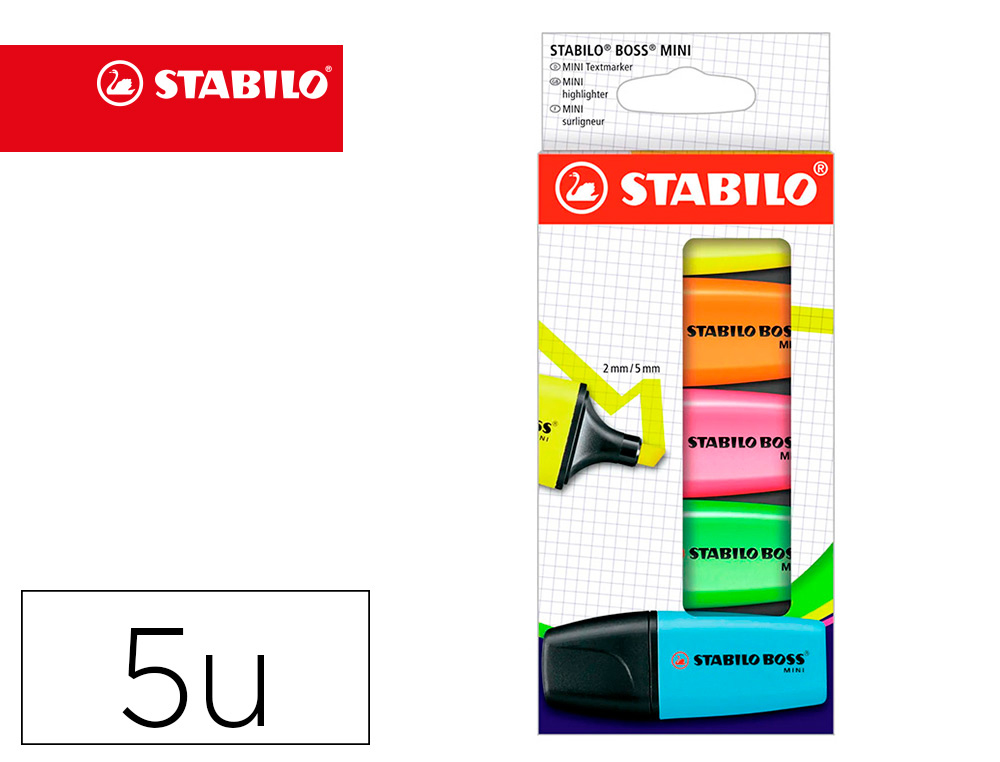 ROTULADOR STABILO BOSS MINI ESTUCHE DE 5 UNIDADES AMARILLO /AZUL/NARANJA/ROSA/VERDE