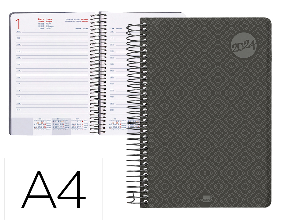 AGENDA ESPIRAL LIDERPAPEL CLASSIC A4 2024 DIA PAGINA PORTADA POLIPROPILENO PAPEL 70 GR COLOR NEGRO
