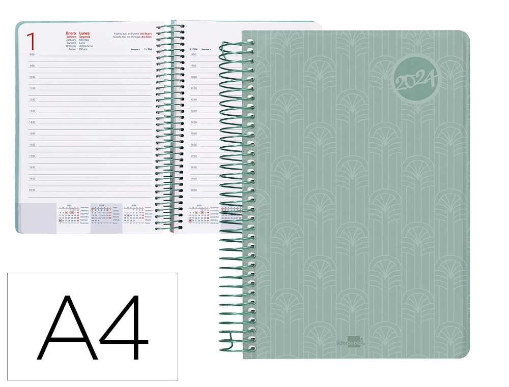 AGENDA ESPIRAL LIDERPAPEL CLASSIC A4 2024 DIA PAGINA PORTADA POLIPROPILENO PAPEL 70 GR COLOR VERDE