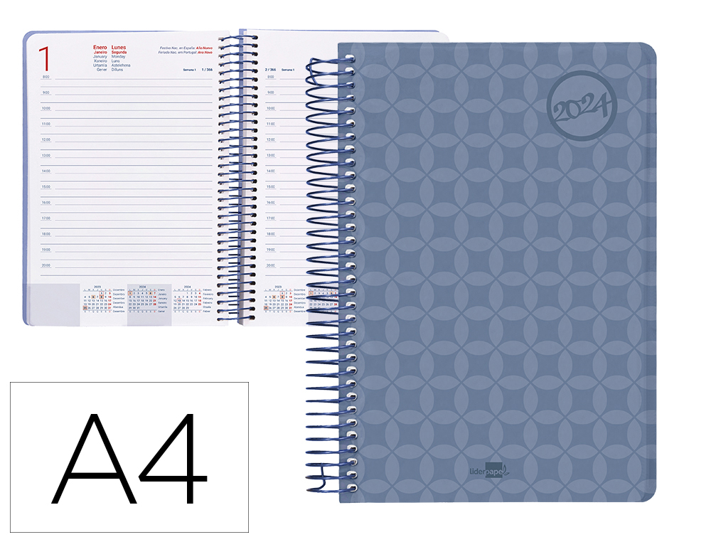 AGENDA ESPIRAL LIDERPAPEL CLASSIC A4 2024 DIA PAGINA PORTADA POLIPROPILENO PAPEL 70 GR COLOR AZUL