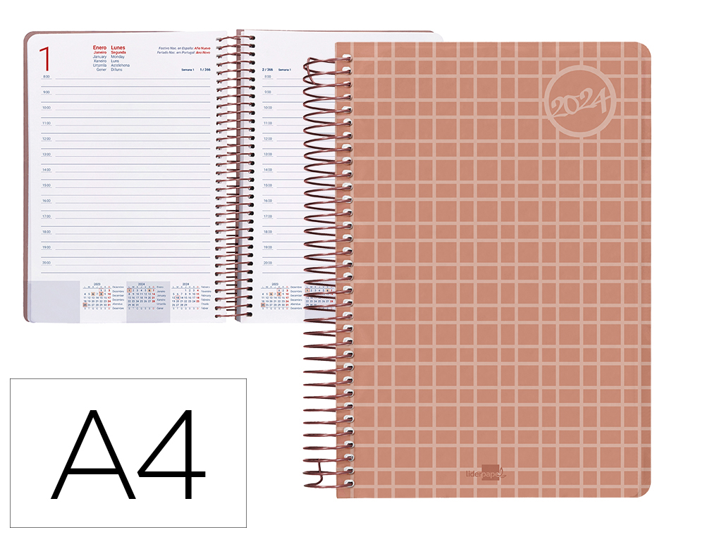 AGENDA ESPIRAL LIDERPAPEL CLASSIC A4 2024 DIA PAGINA PORTADA POLIPROPILENO PAPEL 70 GR COLOR CORAL