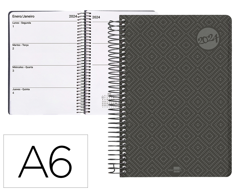 AGENDA ESPIRAL LIDERPAPEL CLASSIC A6 2024 SEMANA VISTA PORTADA POLIPROPILENO PAPEL 70 GR COLOR NEGRO