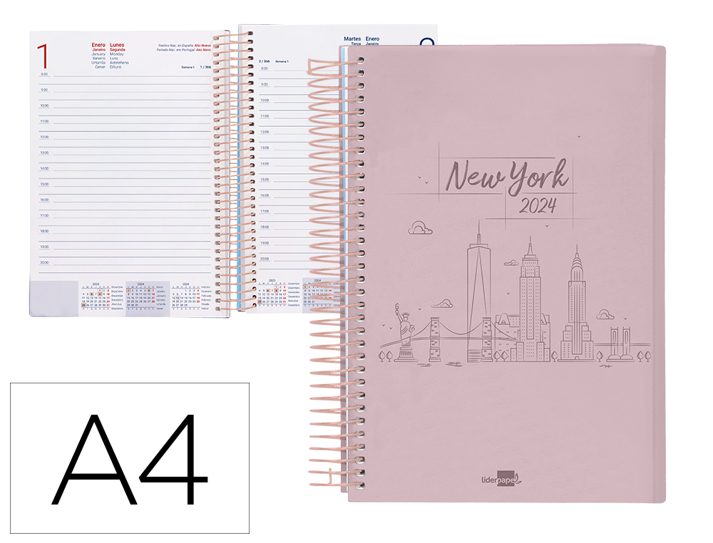 AGENDA ESPIRAL LIDERPAPEL GAZI A4 2024 DIA PAGINA PORTADA POLIPROPILENO PAPEL 70 GR NEW YORK
