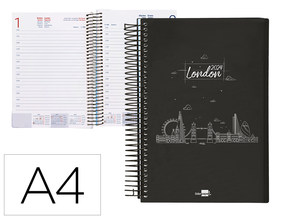 AGENDA ESPIRAL LIDERPAPEL GAZI A4 2024 DIA PAGINA PORTADA POLIPROPILENO PAPEL 70 GR LONDON