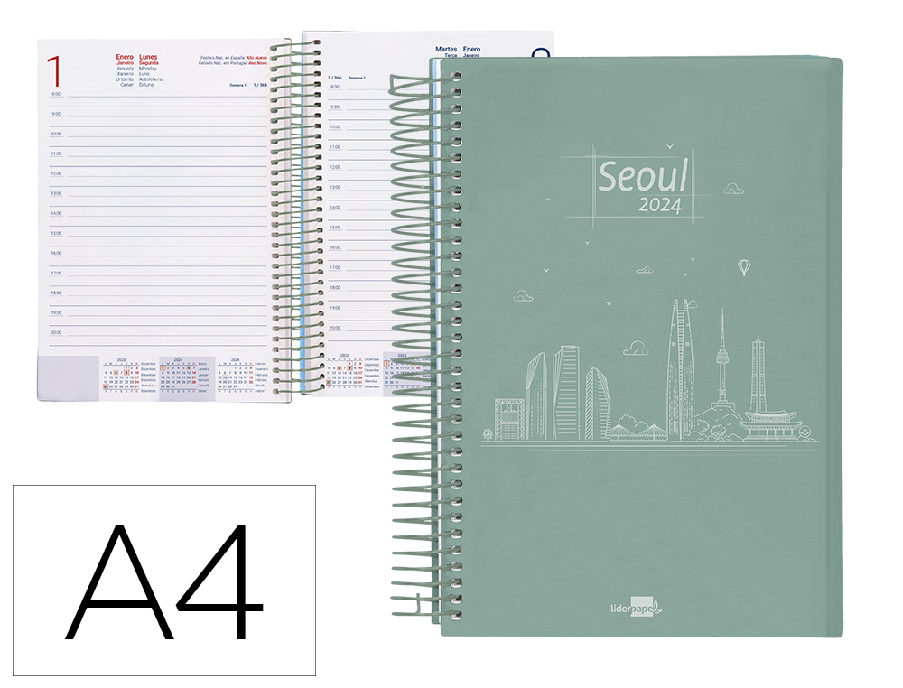 AGENDA ESPIRAL LIDERPAPEL GAZI A4 2024 DIA PAGINA PORTADA POLIPROPILENO PAPEL 70 GR SEOUL