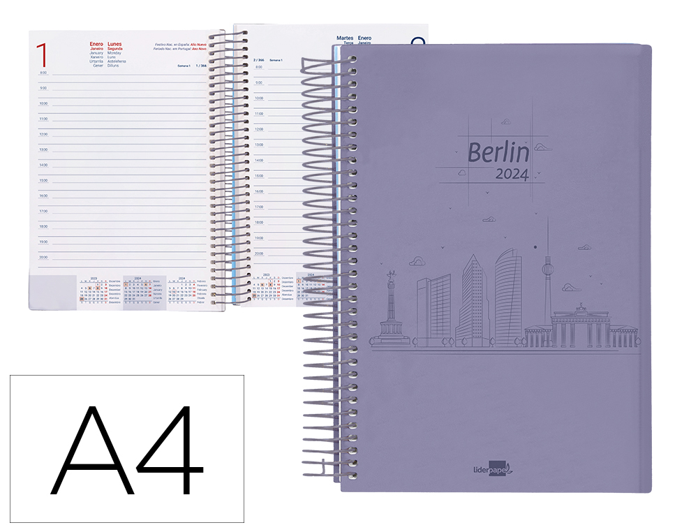 AGENDA ESPIRAL LIDERPAPEL GAZI A4 2024 DIA PAGINA PORTADA POLIPROPILENO PAPEL 70 GR BERLIN