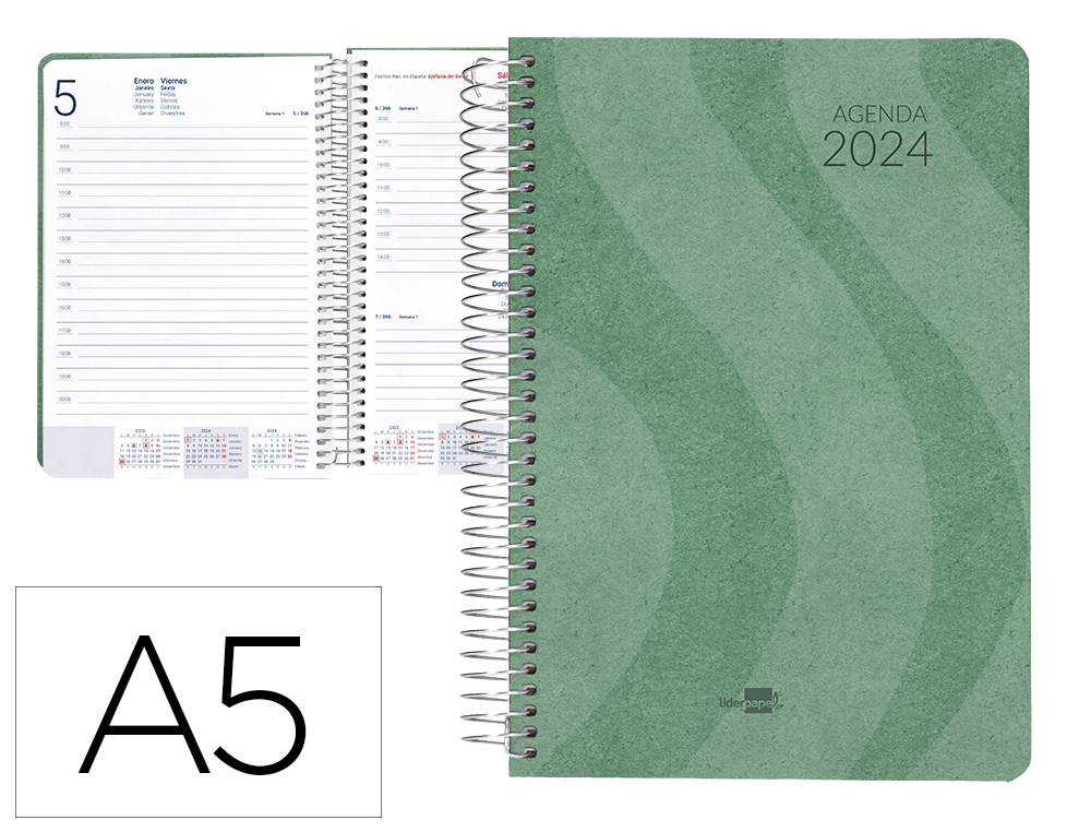 AGENDA ESPIRAL LIDERPAPEL SYROS 15X21 CM 2024 DIA PAGINA SIMPLE ESPIRAL COLOR VERDE PAPEL 60 GR