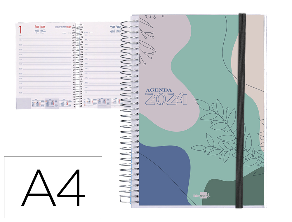 AGENDA ESPIRAL LIDERPAPEL TINOS A4 2024 DIA PAGINA PORTADA POLIPROPILENO PERSONALIZABLE PAPEL 70 GR