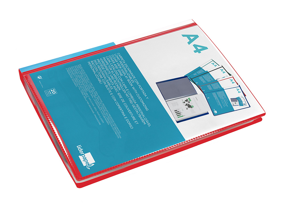 CARPETA LIDERPAPEL PERSONALIZA 20 FUNDAS CANGURO POLIPROPILENO DIN A4 ROJO TRANSLUCIDO PORTADA Y LOMO