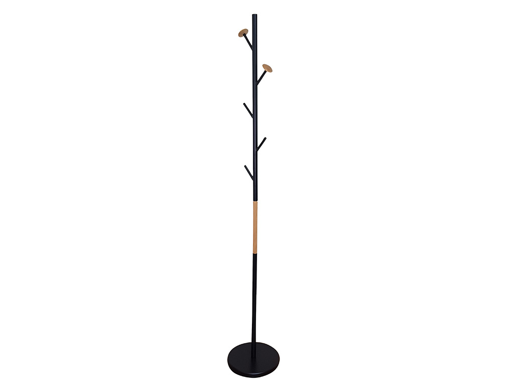 PERCHERO METALICO Q-CONNECT NEGRO CON DETALLES DE MADERA 5 COLGADORES 177X28,5 CM