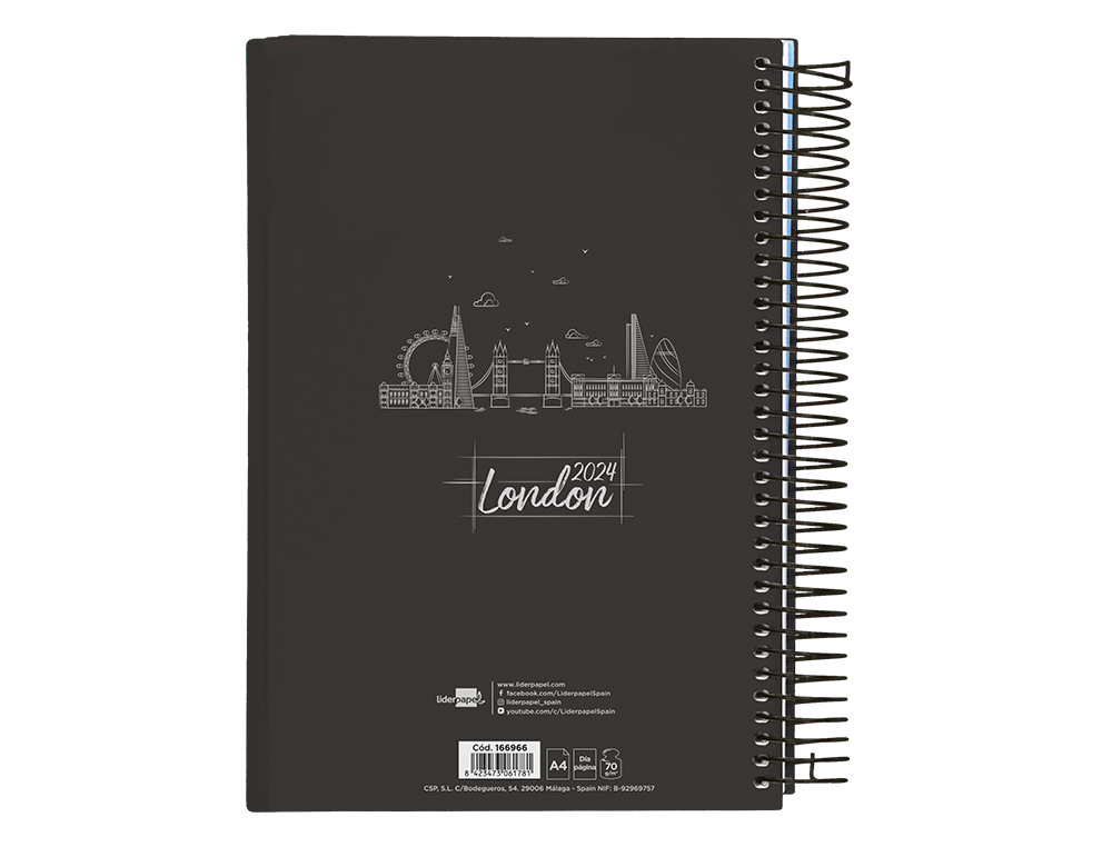 AGENDA ESPIRAL LIDERPAPEL GAZI A4 2024 DIA PAGINA PORTADA POLIPROPILENO PAPEL 70 GR LONDON