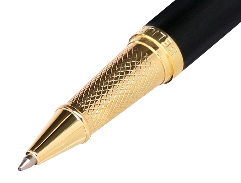 BOLIGRAFO BELIUS PASSION DOR ALUMINIO TEXTURA CEPILLADA COLOR NEGRO Y DORADO TINTA AZUL CAJA DE DISEO