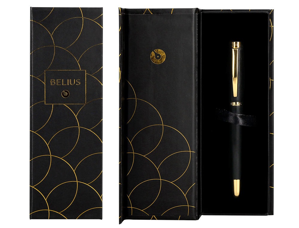 BOLIGRAFO BELIUS PASSION DOR ALUMINIO TEXTURA CEPILLADA COLOR NEGRO Y DORADO TINTA AZUL CAJA DE DISEO