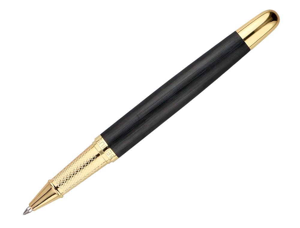 BOLIGRAFO BELIUS PASSION DOR ALUMINIO TEXTURA CEPILLADA COLOR NEGRO Y DORADO TINTA AZUL CAJA DE DISEO