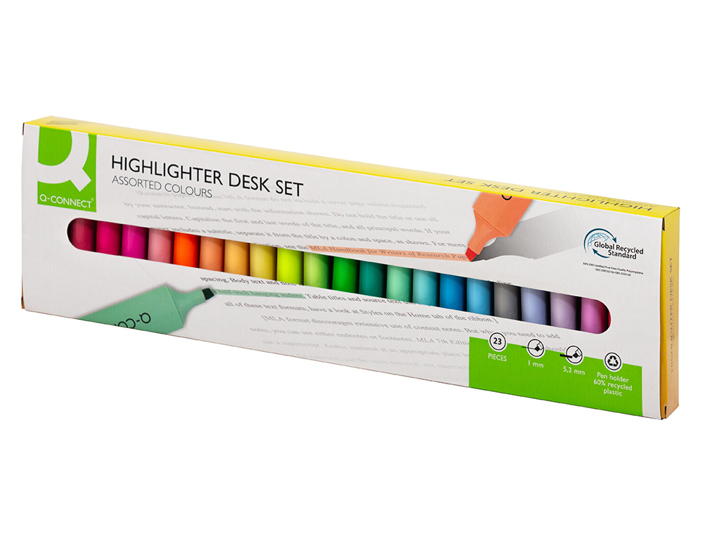 ROTULADOR Q-CONNECT FLUORESCENTE PUNTA BISELADA ESTUCHE DE SOBREMESA 23 UNIDADES COLORES SURTIDOS