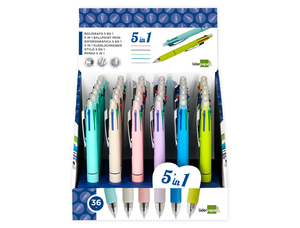 BOLIGRAFO LIDERPAPEL 5 EN 1 AZUL NEGRO ROJO VERDE 0,7M Y PORTAMINAS 0,5MM