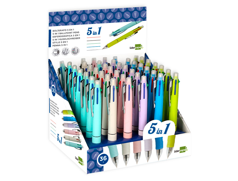 BOLIGRAFO LIDERPAPEL 5 EN 1 AZUL NEGRO ROJO VERDE 0,7M Y PORTAMINAS 0,5MM