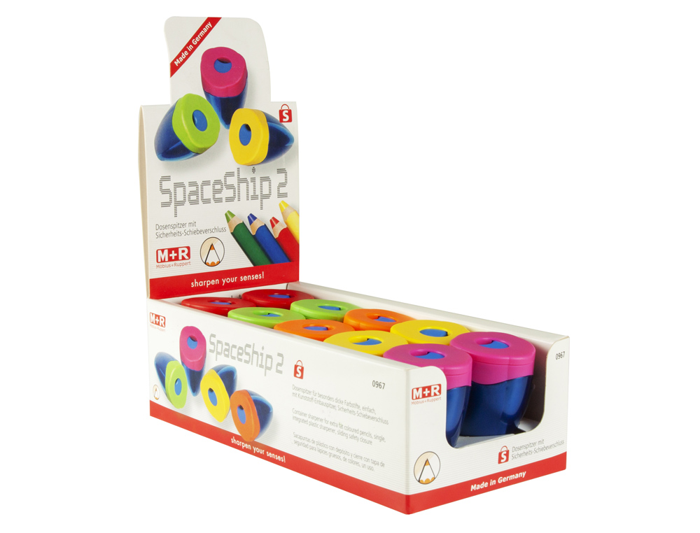 SACAPUNTAS M+R PLASTICO JUMBO UN USO CON DEPOSITO Y TAPA DE SEGURDAD COLORES SURTIDOS