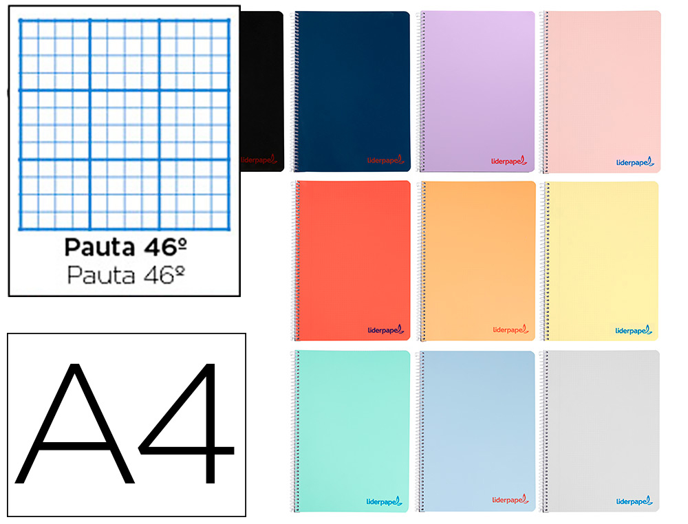 CUADERNO ESPIRAL LIDERPAPEL A4 WONDER TAPA PLASTICO 80H 90GR RAYADO N.46 COLORES SURTIDOS