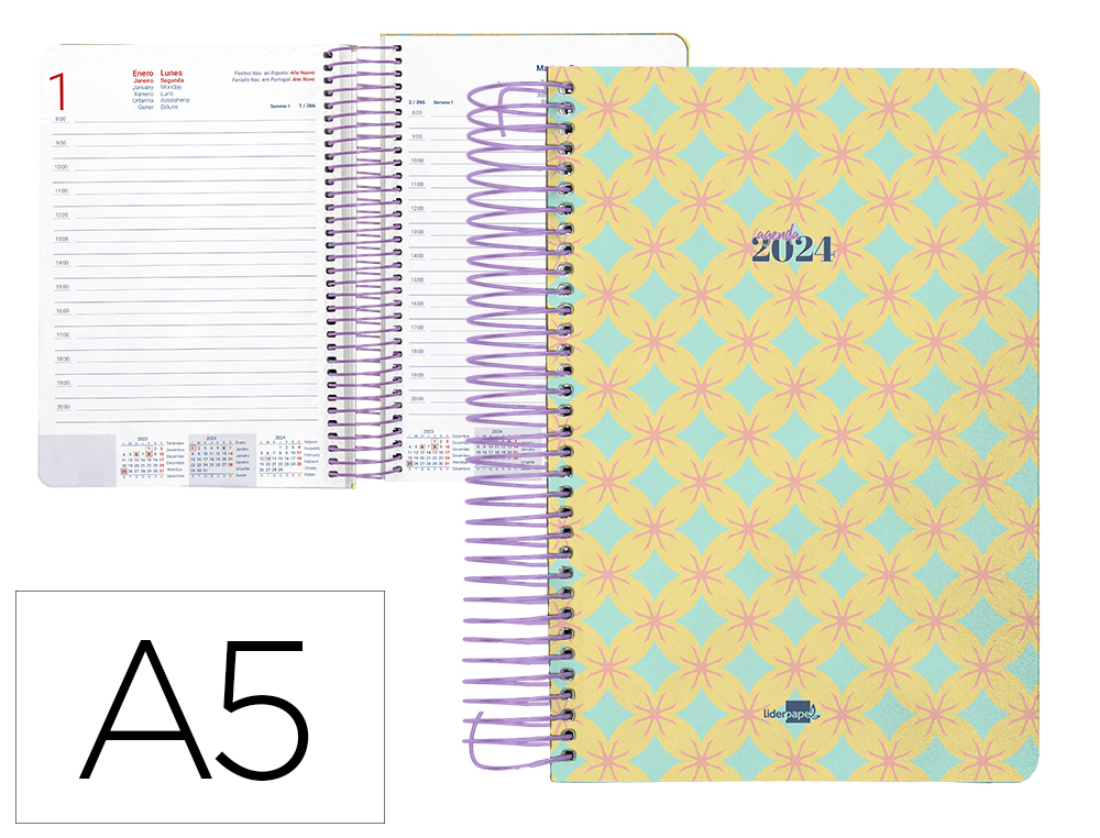 AGENDA ESPIRAL LIDERPAPEL PERISSA A5 2024 DIA PAGINA PAPEL 80 GR DISEO CIRCLE