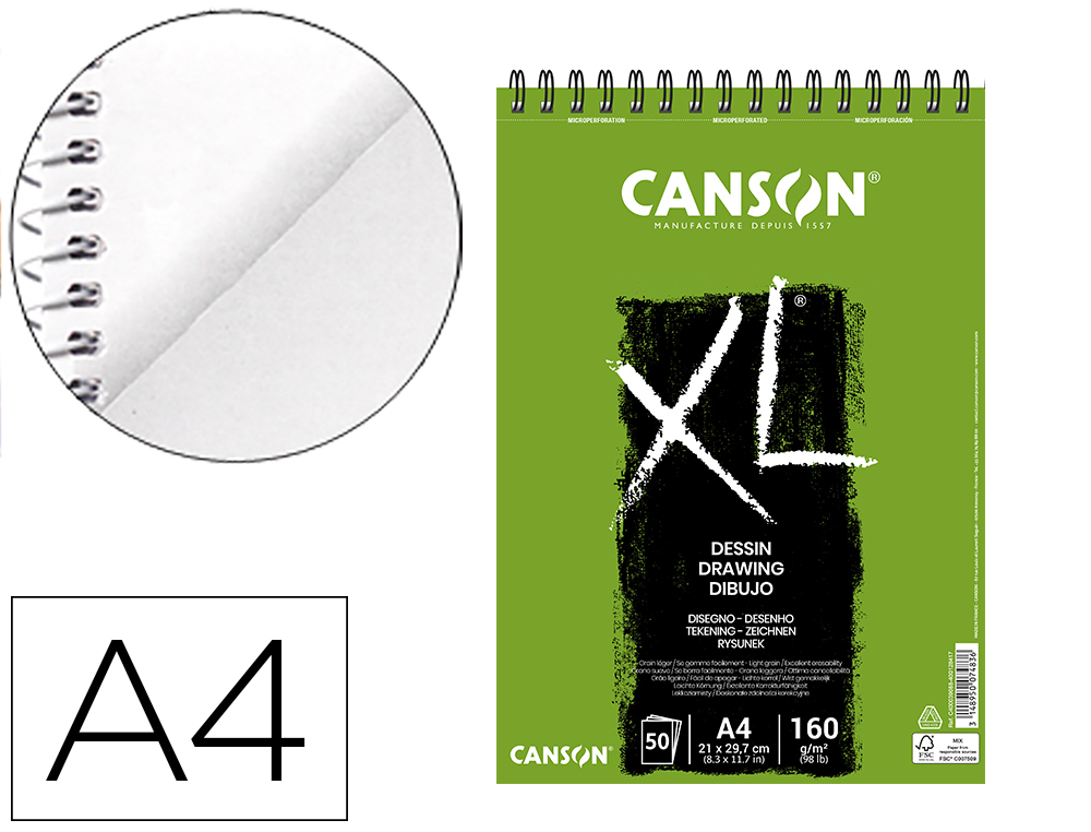 OFIILLA  BLOC DIBUJO CANSON XL DESSIN DIN A4 LISO MICROPERFORADO ESPIRAL  21X29,7 CM 50 HOJAS 160 GR